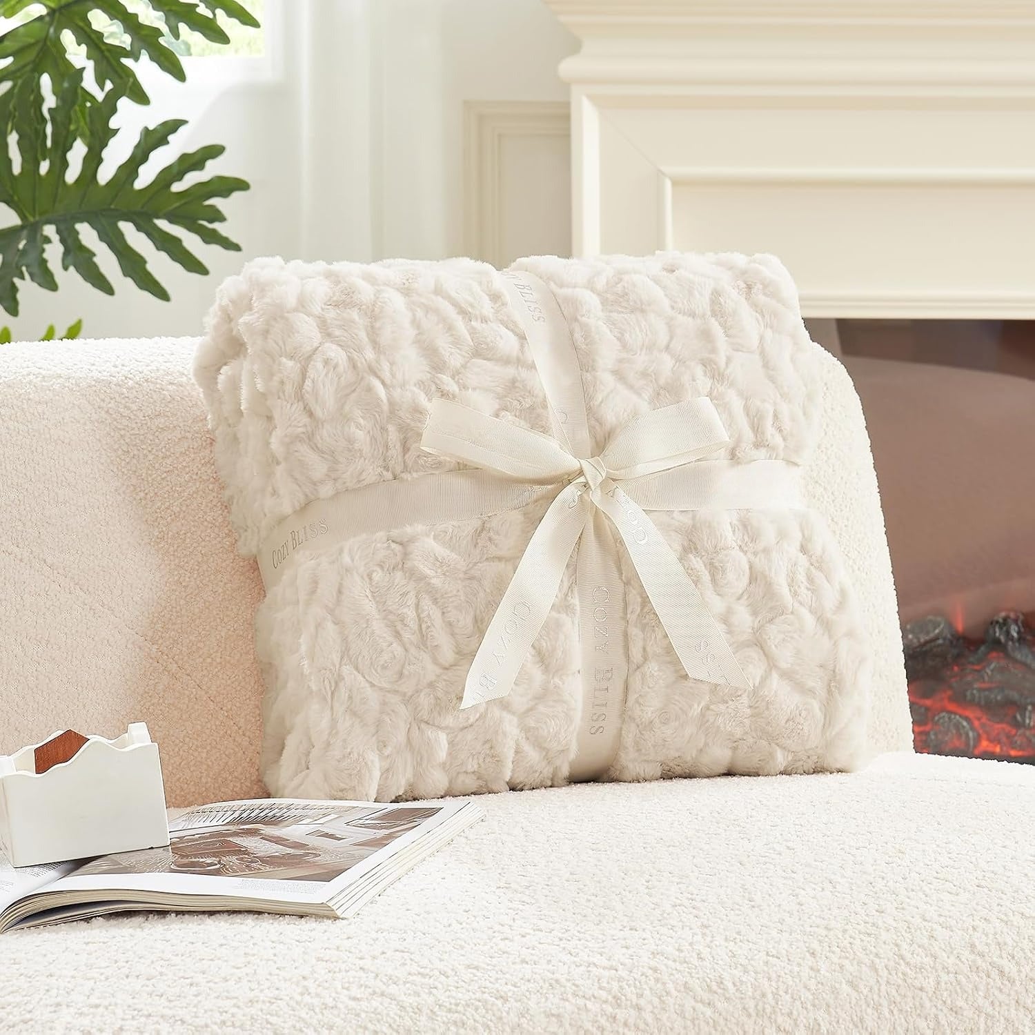 Cream Reversible Faux Fur Throw Blanket