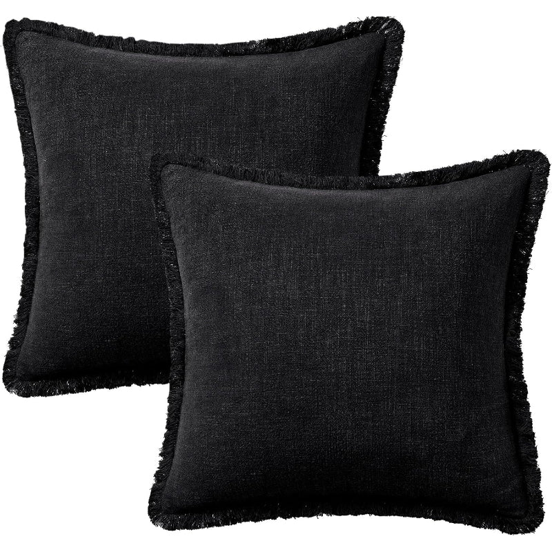 Black Fringe Linen Pillow Cover Set