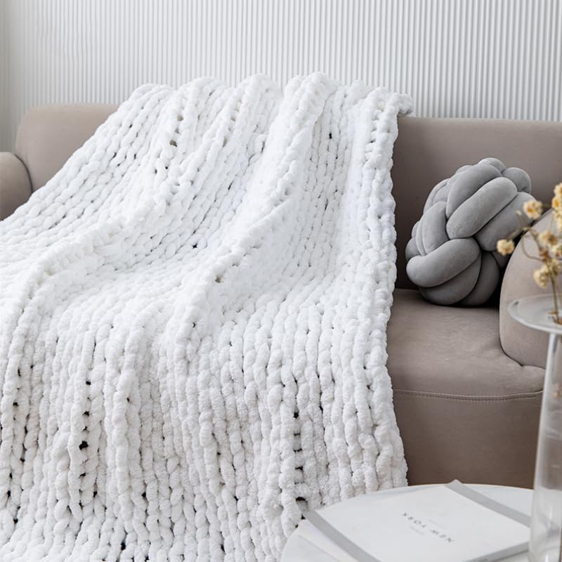 White Chunky Chenille Knit Throw Blanket