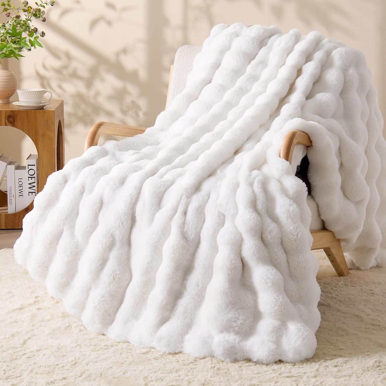 White Bubble Faux Fur Plush Throw Blanket