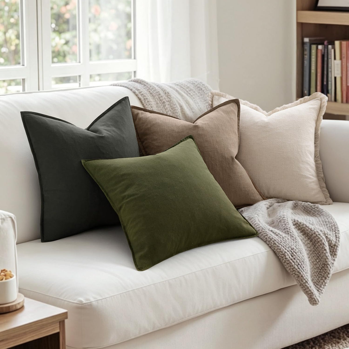 Olive Green Linen Pillow Cover Set