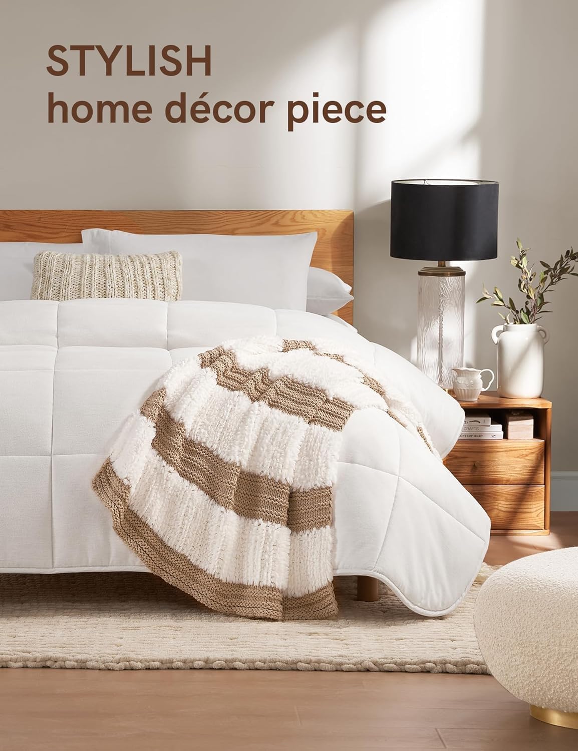 Beige Reversible Fuzzy Knit Throw Blanket