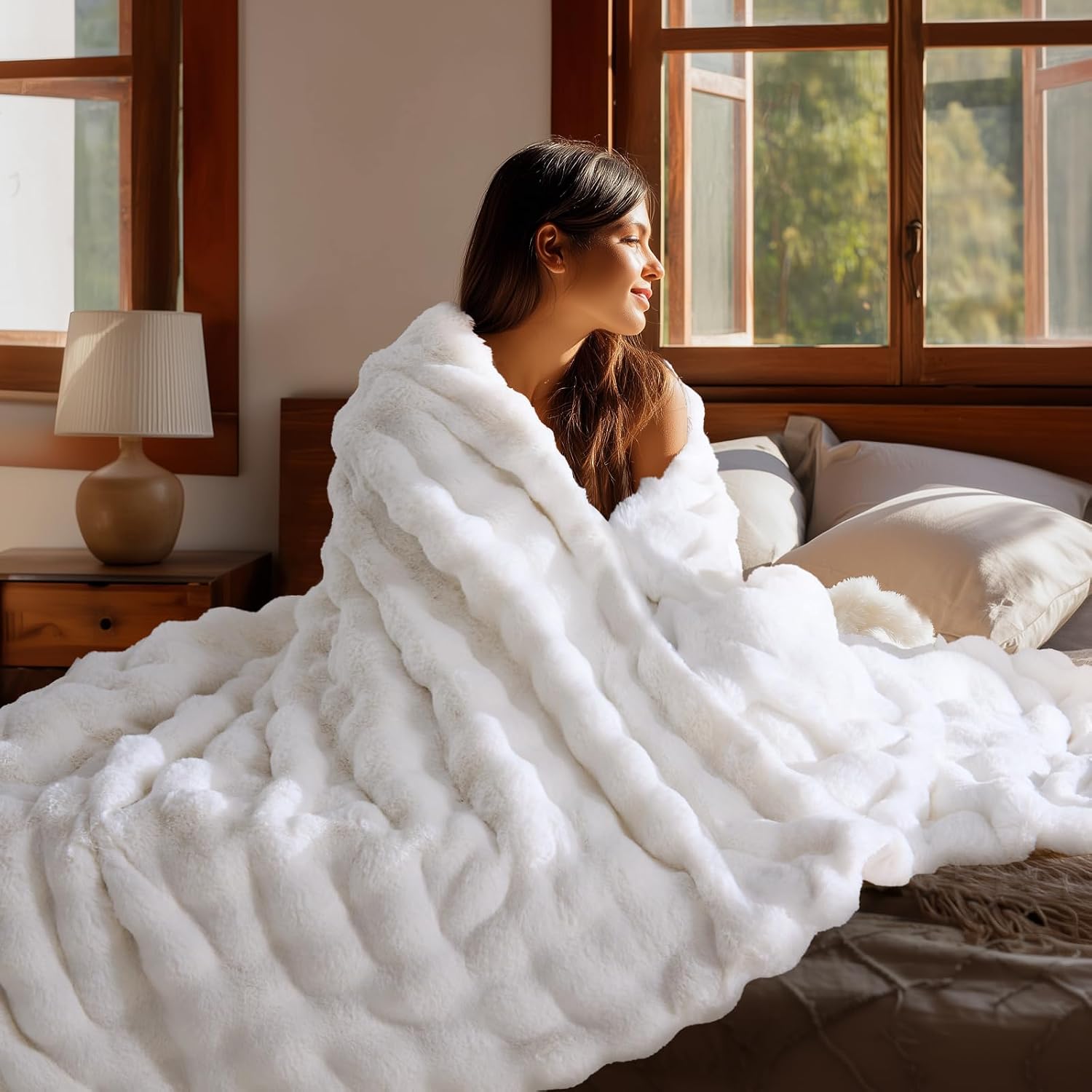 White Bubble Faux Fur Plush Throw Blanket