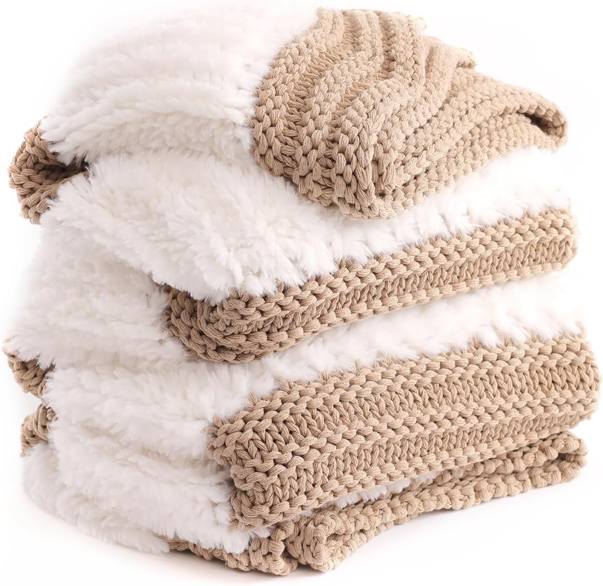 Beige Reversible Fuzzy Knit Throw Blanket