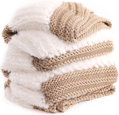 Beige Reversible Fuzzy Knit Throw Blanket