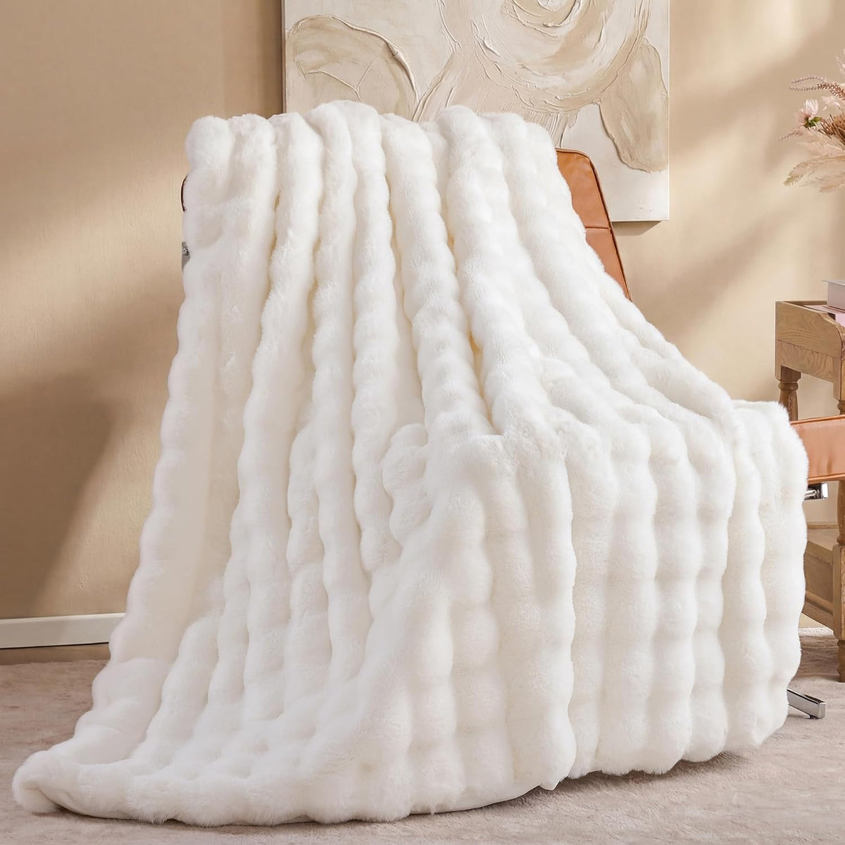 Cream Bubble Faux Rabbit Fur Plush Throw Blanket