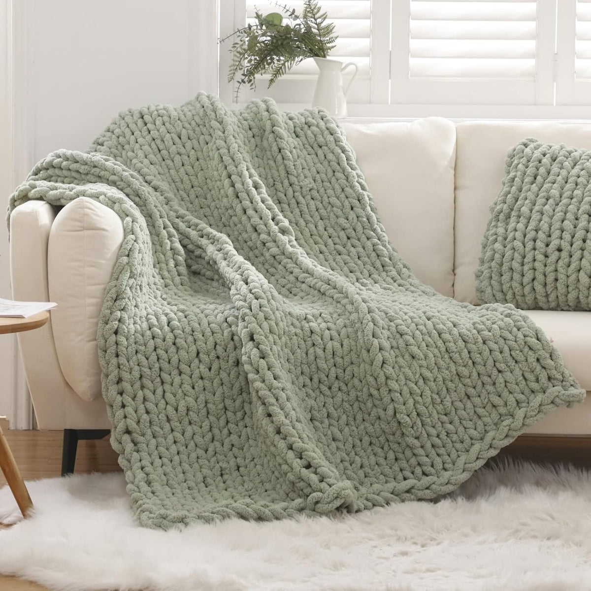 Sage‑Green Chunky Knit Throw Blanket