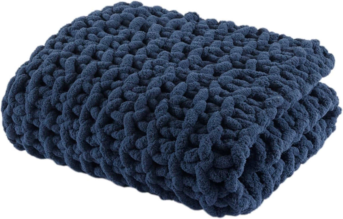 Navy Chenille Chunky Knit Throw Blanket