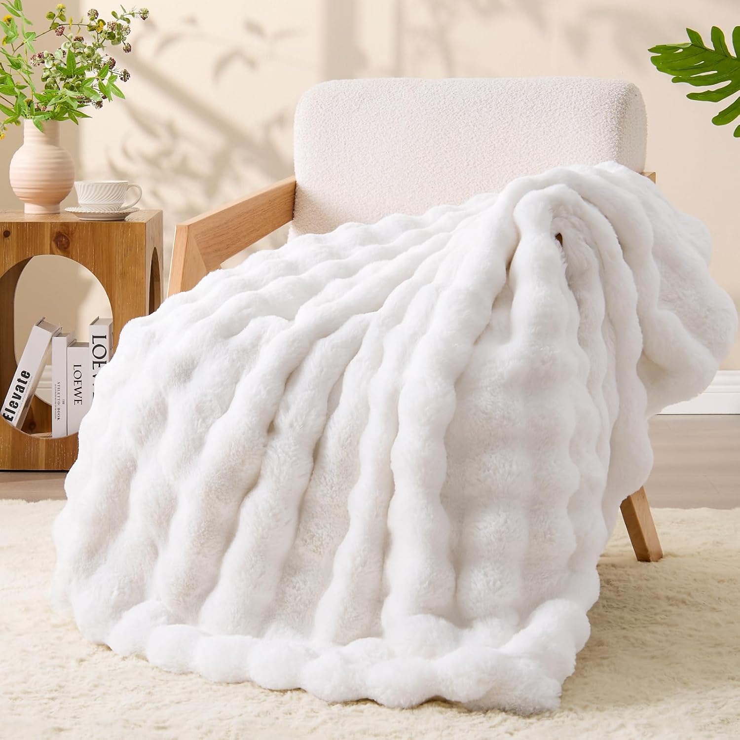 White Bubble Faux Fur Plush Throw Blanket