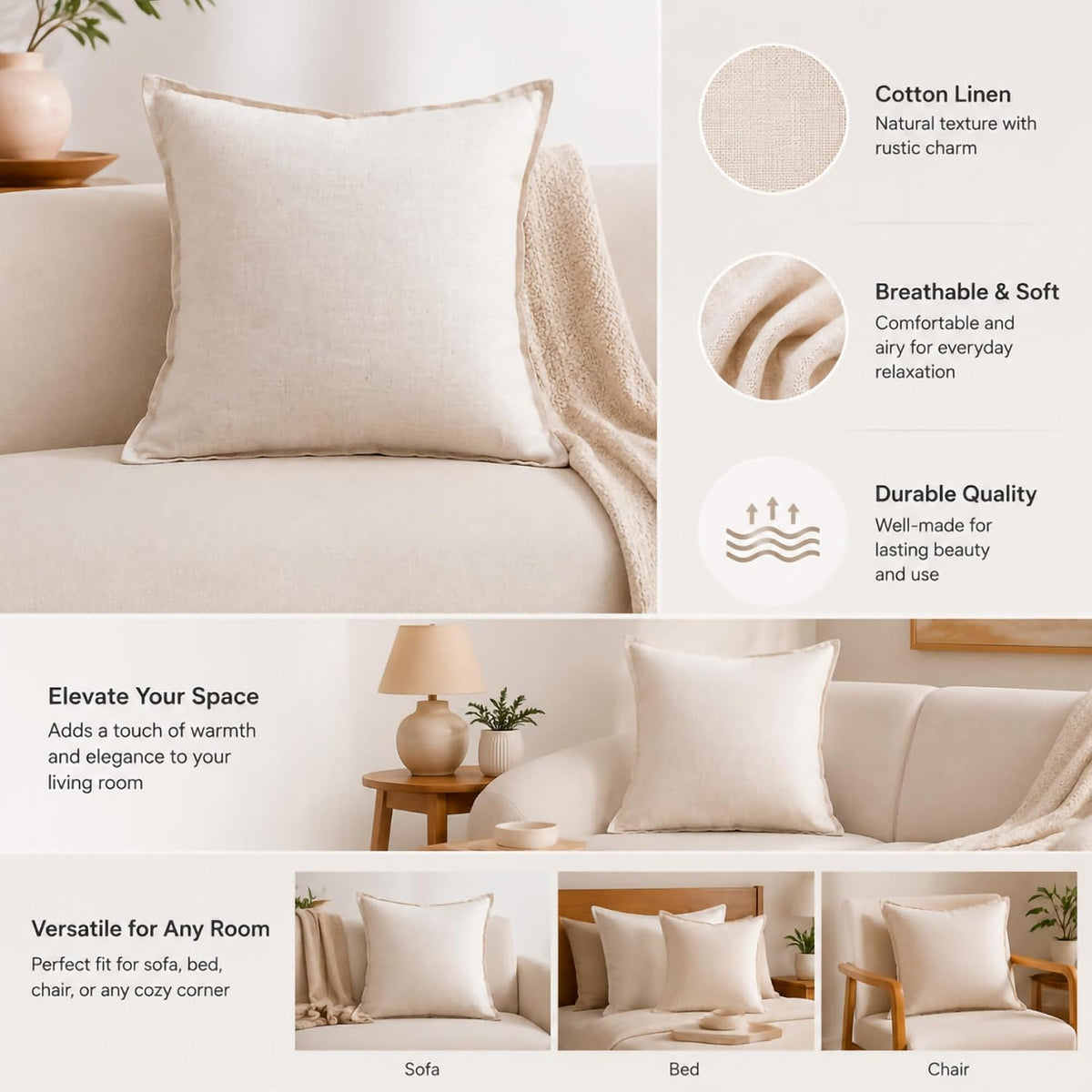 Natural Linen Cotton Pillow Cover Set