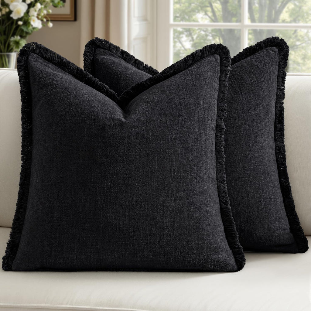 Black Fringe Linen Pillow Cover Set