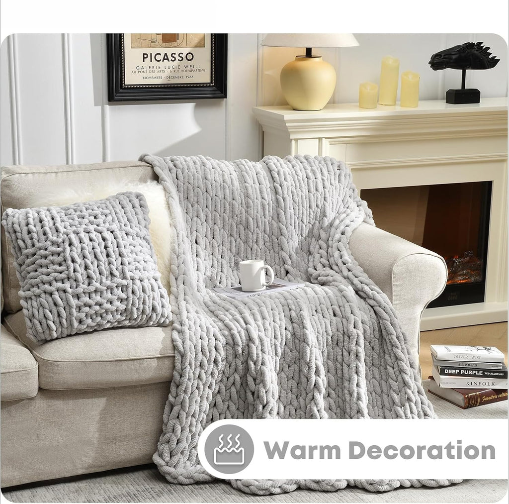 Light Grey Chunky Knit Chenille Throw Blanket