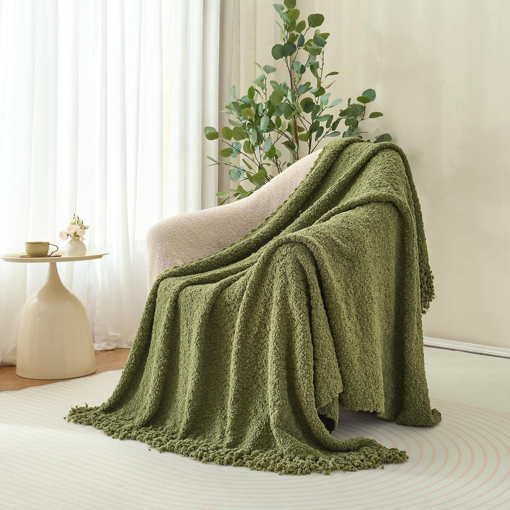 Olive‑Green Fringe Chunky Knit Throw Blanket
