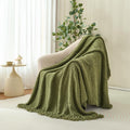 Olive‑Green Fringe Chunky Knit Throw Blanket