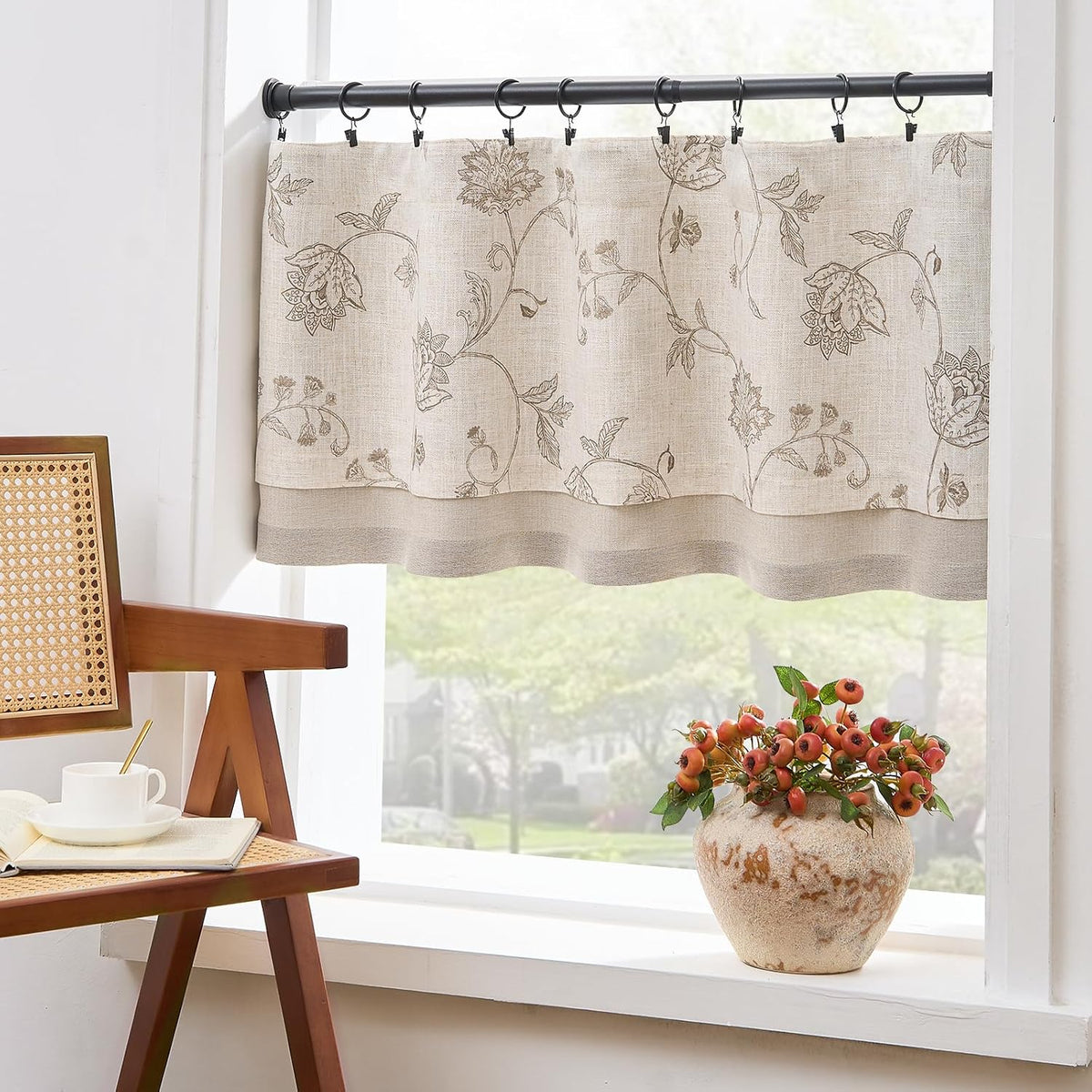 Tan Linen Floral Farmhouse Valance