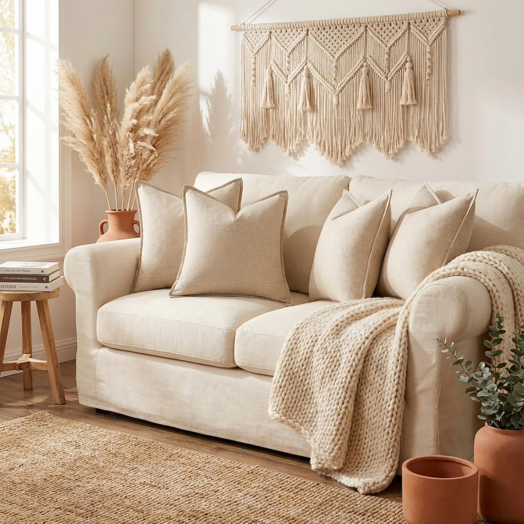 Beige Linen Decorative Pillow Cover Set