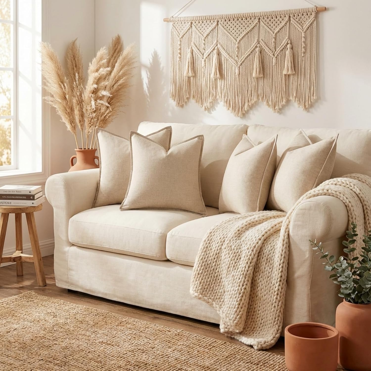 Beige Linen Decorative Pillow Cover Set