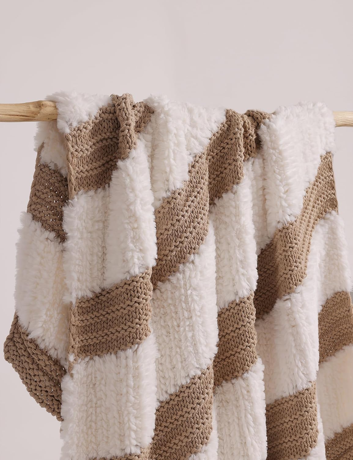 Beige Reversible Fuzzy Knit Throw Blanket
