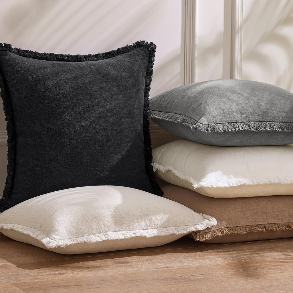 Black Fringe Linen Pillow Cover Set