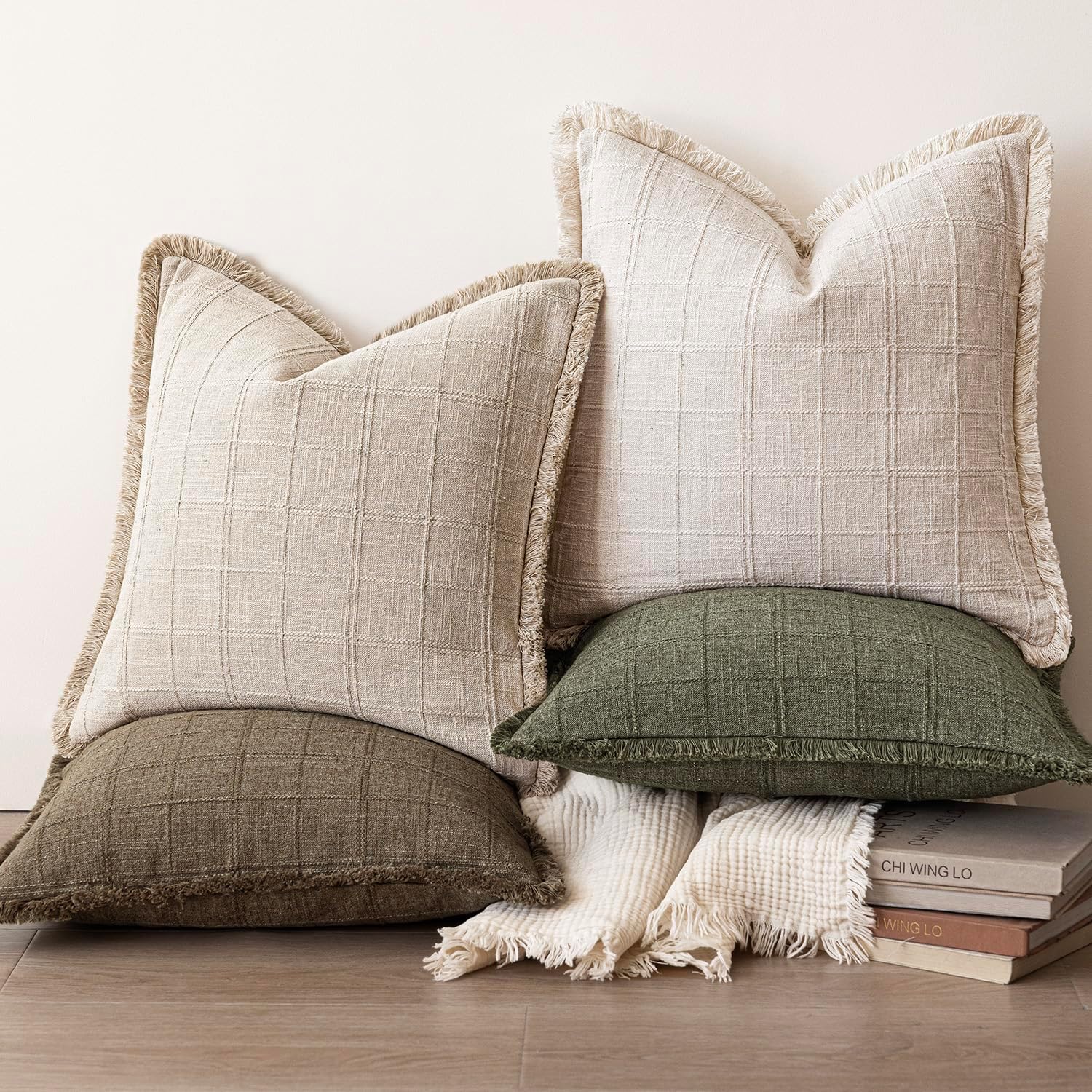 Natural Linen Check Fringe Pillow Cover Set