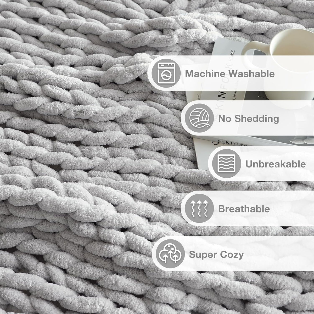 Light Grey Chunky Knit Chenille Throw Blanket