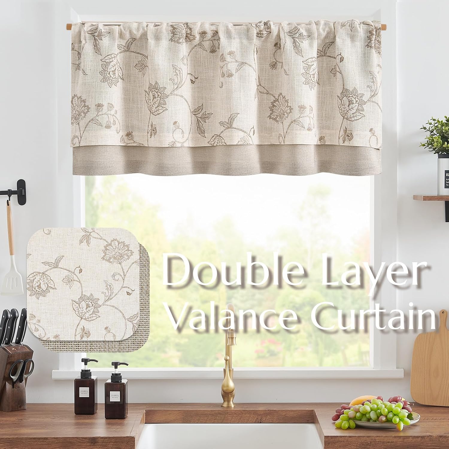 Tan Linen Floral Farmhouse Valance