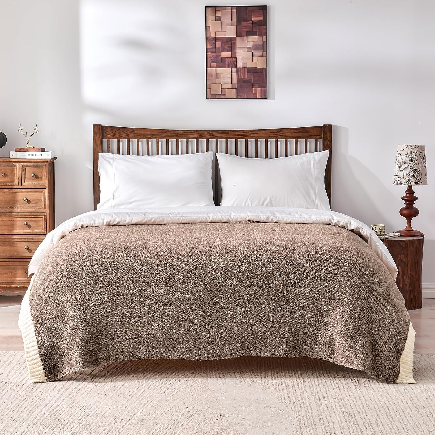 Brown‑White Reversible Knitted Throw Blanket