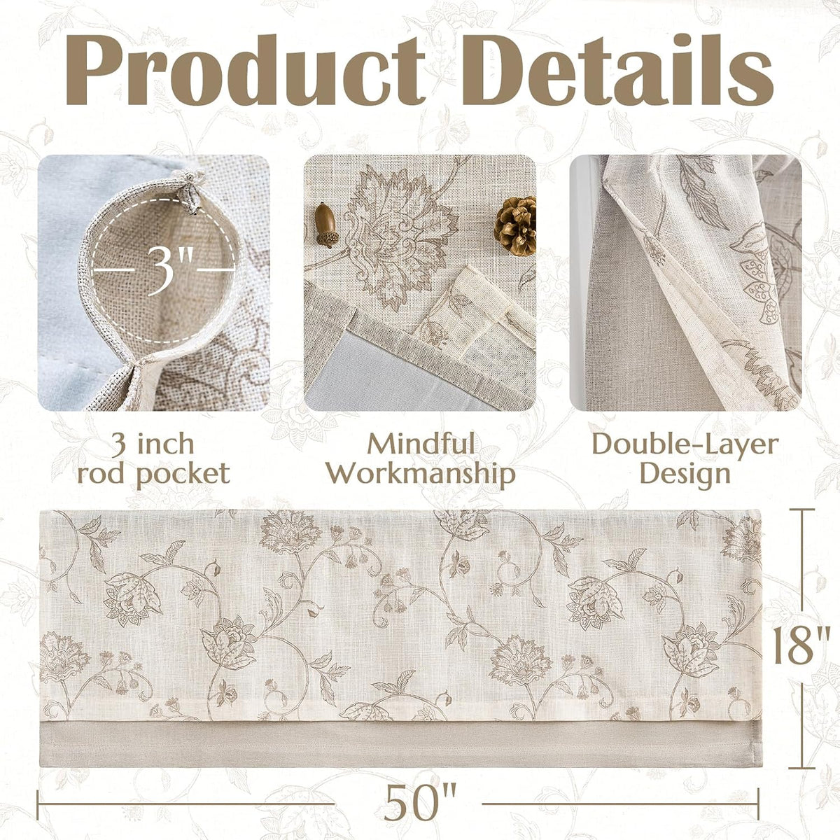 Tan Linen Floral Farmhouse Valance