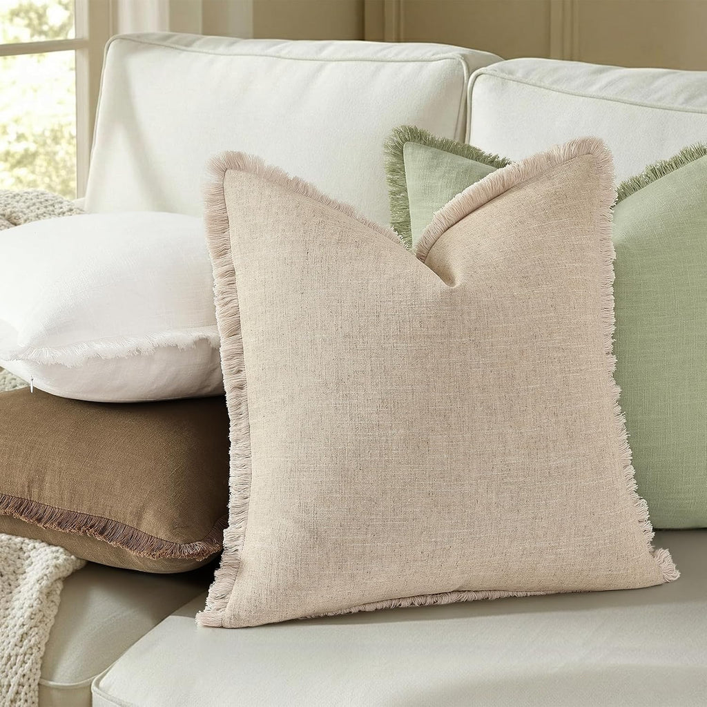 Beige Fringe Linen Pillow Cover Set
