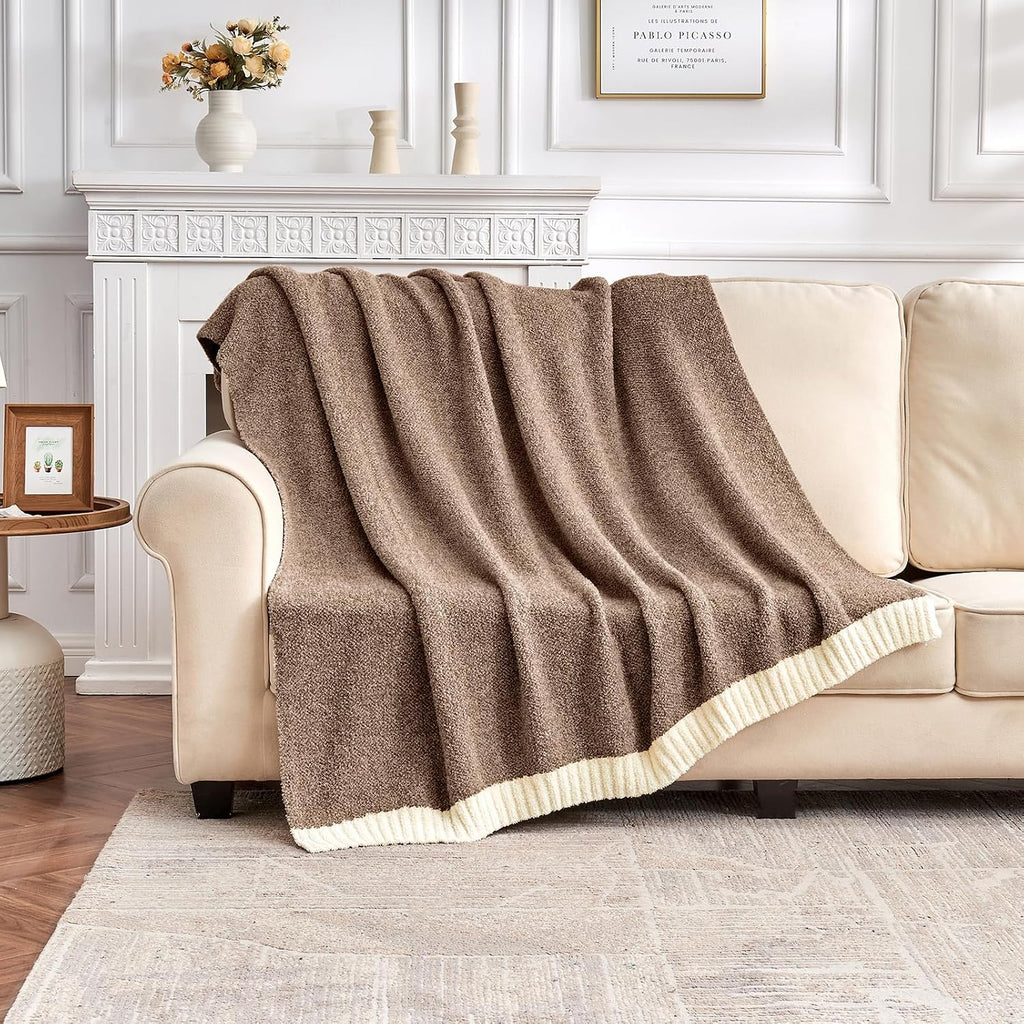 Brown‑White Reversible Knitted Throw Blanket