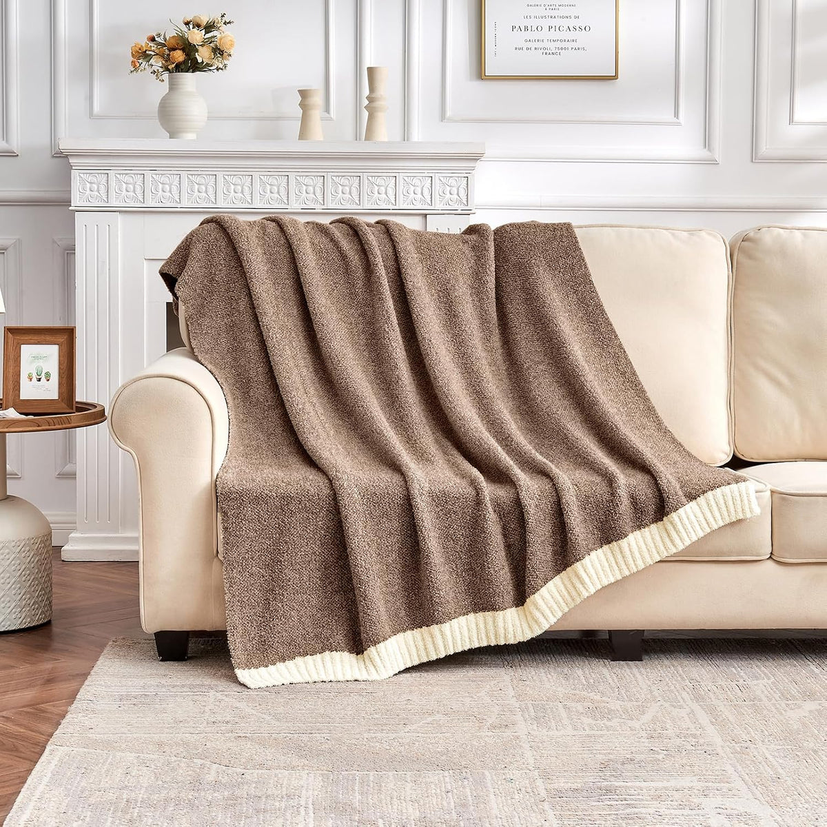 Brown‑White Reversible Knitted Throw Blanket