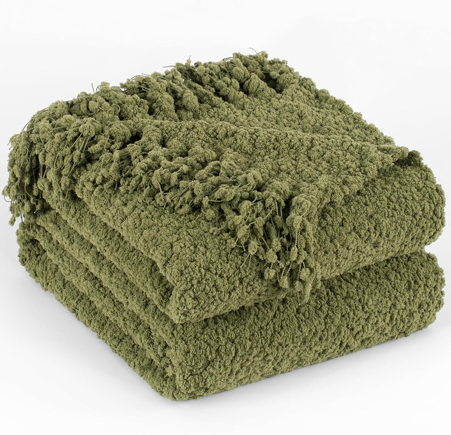 Olive‑Green Fringe Chunky Knit Throw Blanket