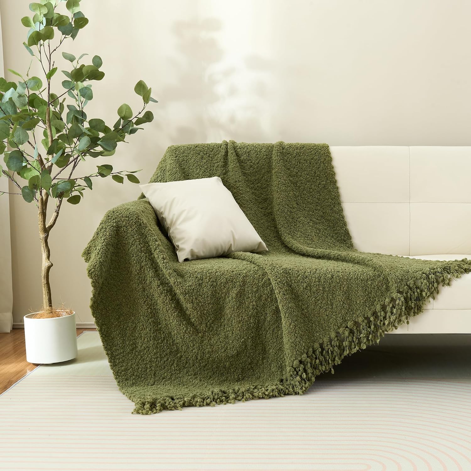 Olive‑Green Fringe Chunky Knit Throw Blanket