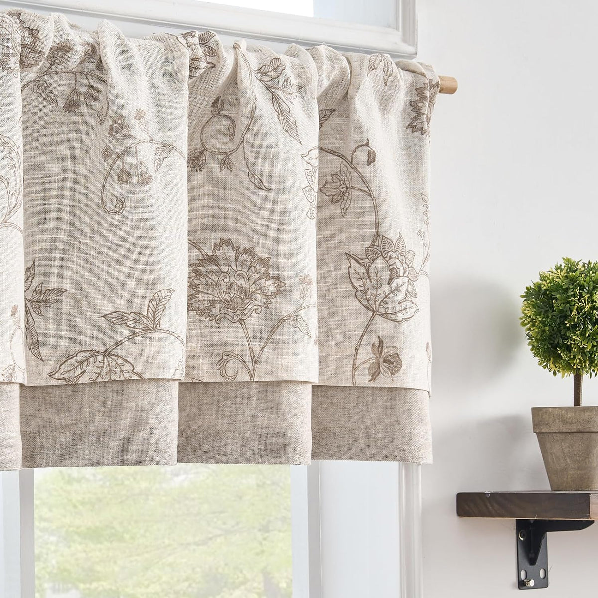 Tan Linen Floral Farmhouse Valance