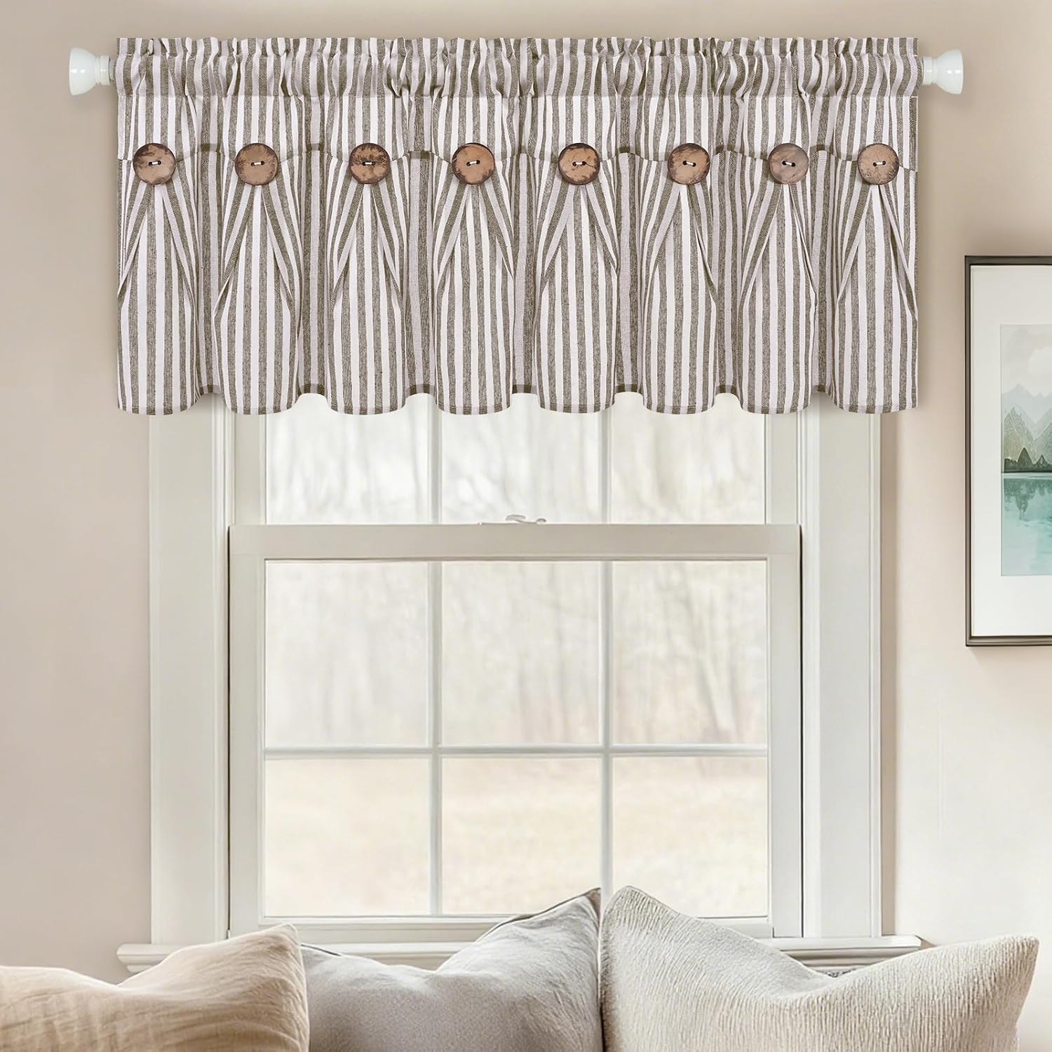 Brown Striped Button Farmhouse Valance