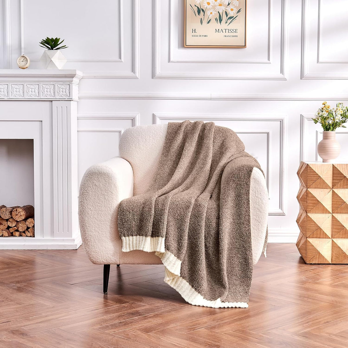 Brown‑White Reversible Knitted Throw Blanket