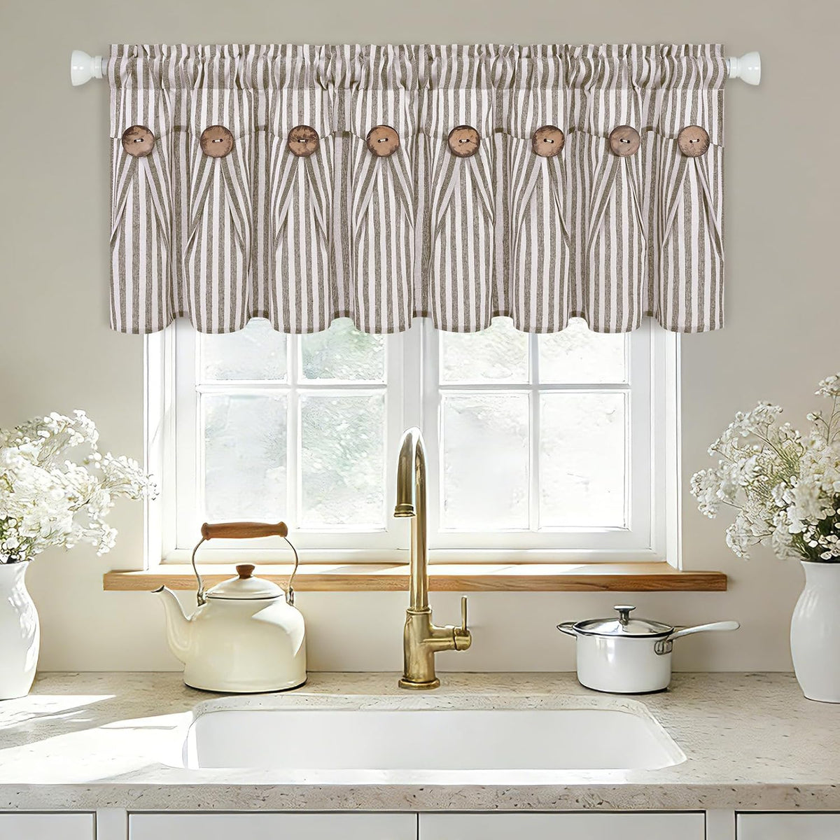 Brown Striped Button Farmhouse Valance