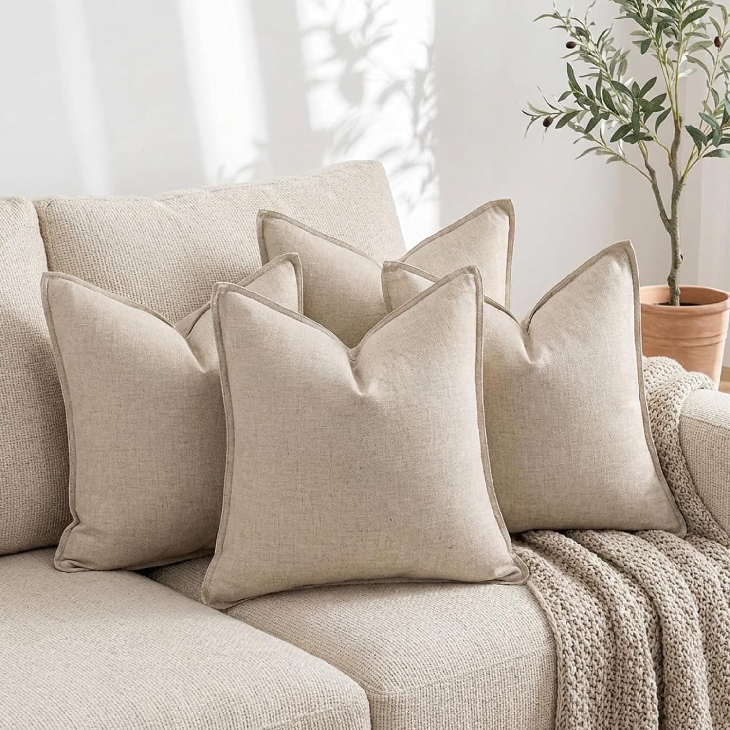 Beige Linen Decorative Pillow Cover Set