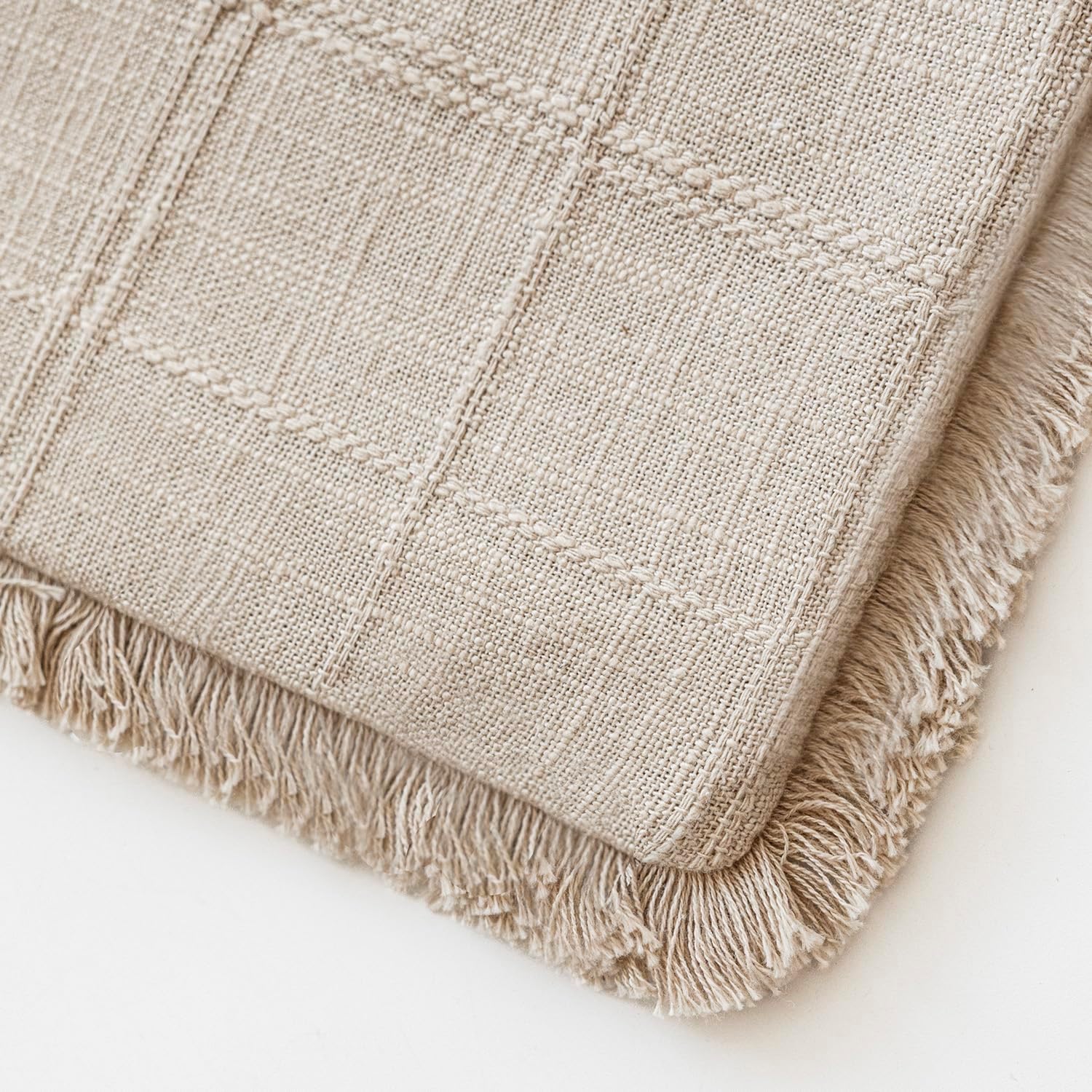Natural Linen Check Fringe Pillow Cover Set