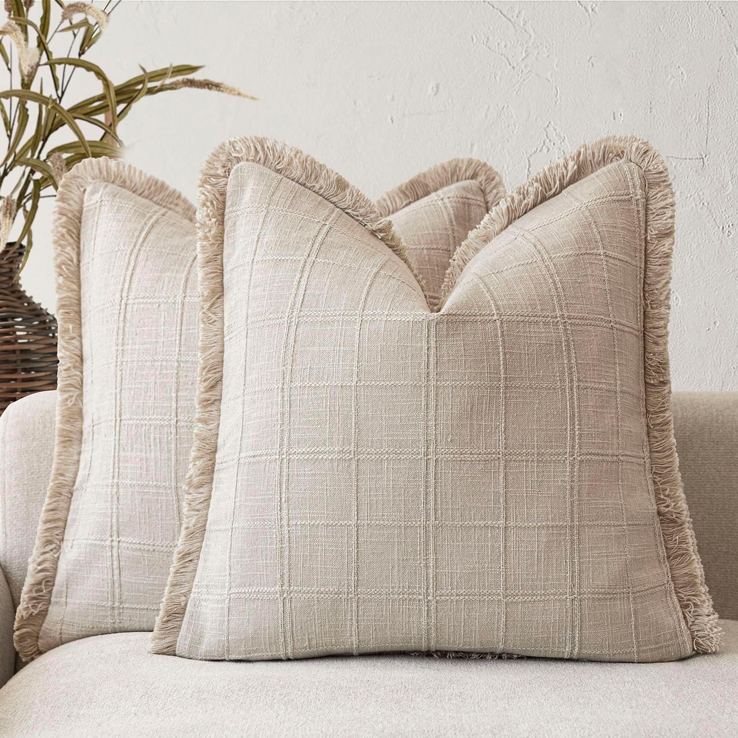 Natural Linen Check Fringe Pillow Cover Set
