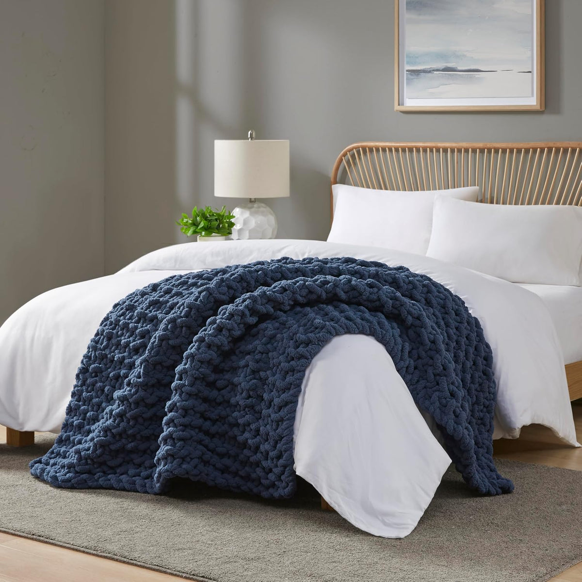 Navy Chenille Chunky Knit Throw Blanket