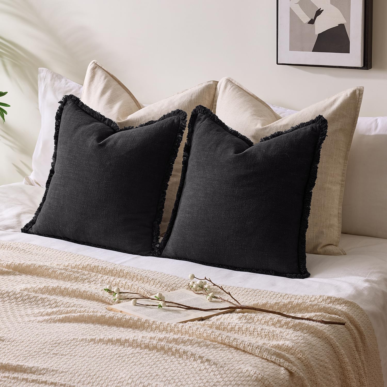 Black Fringe Linen Pillow Cover Set