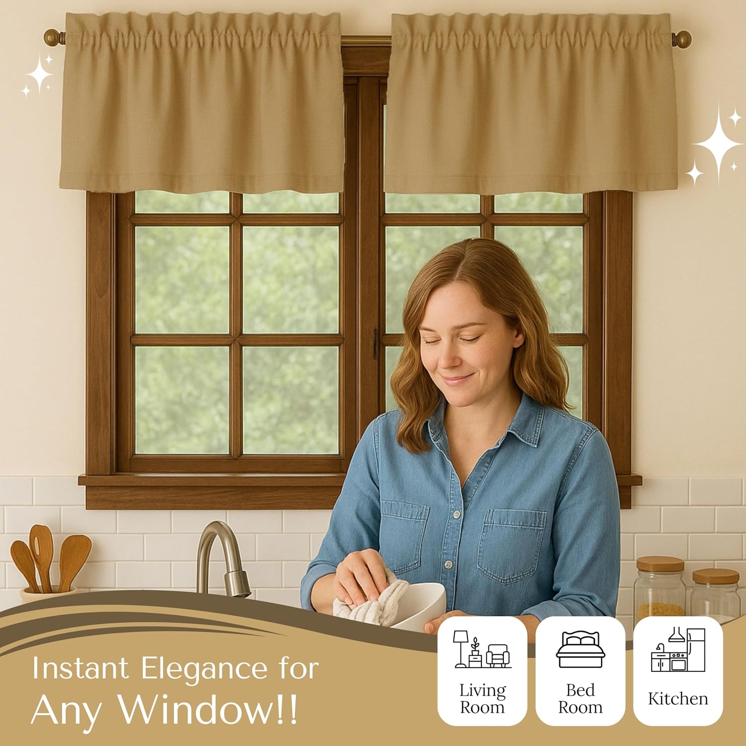 Beige Semi‑Sheer Window Valance Set