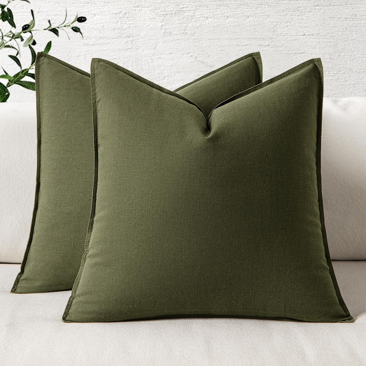 Olive Green Linen Pillow Cover Set