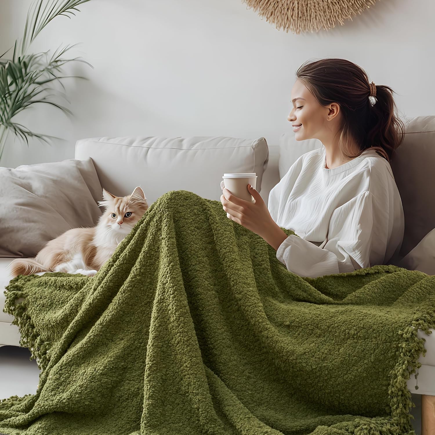 Olive‑Green Fringe Chunky Knit Throw Blanket
