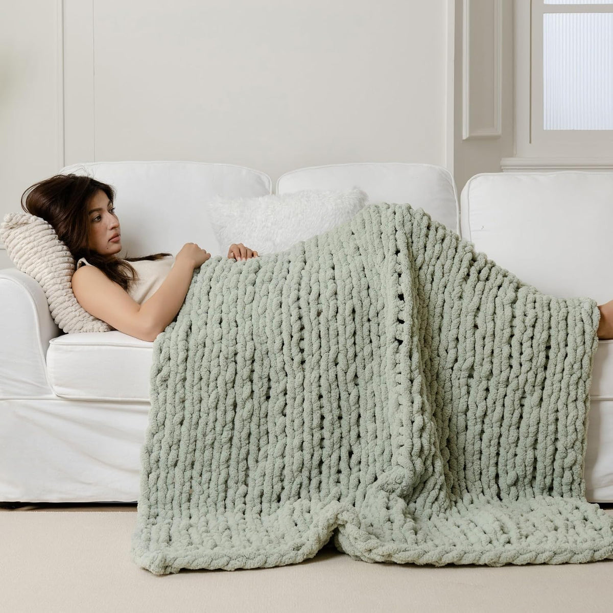 Sage‑Green Chunky Knit Throw Blanket