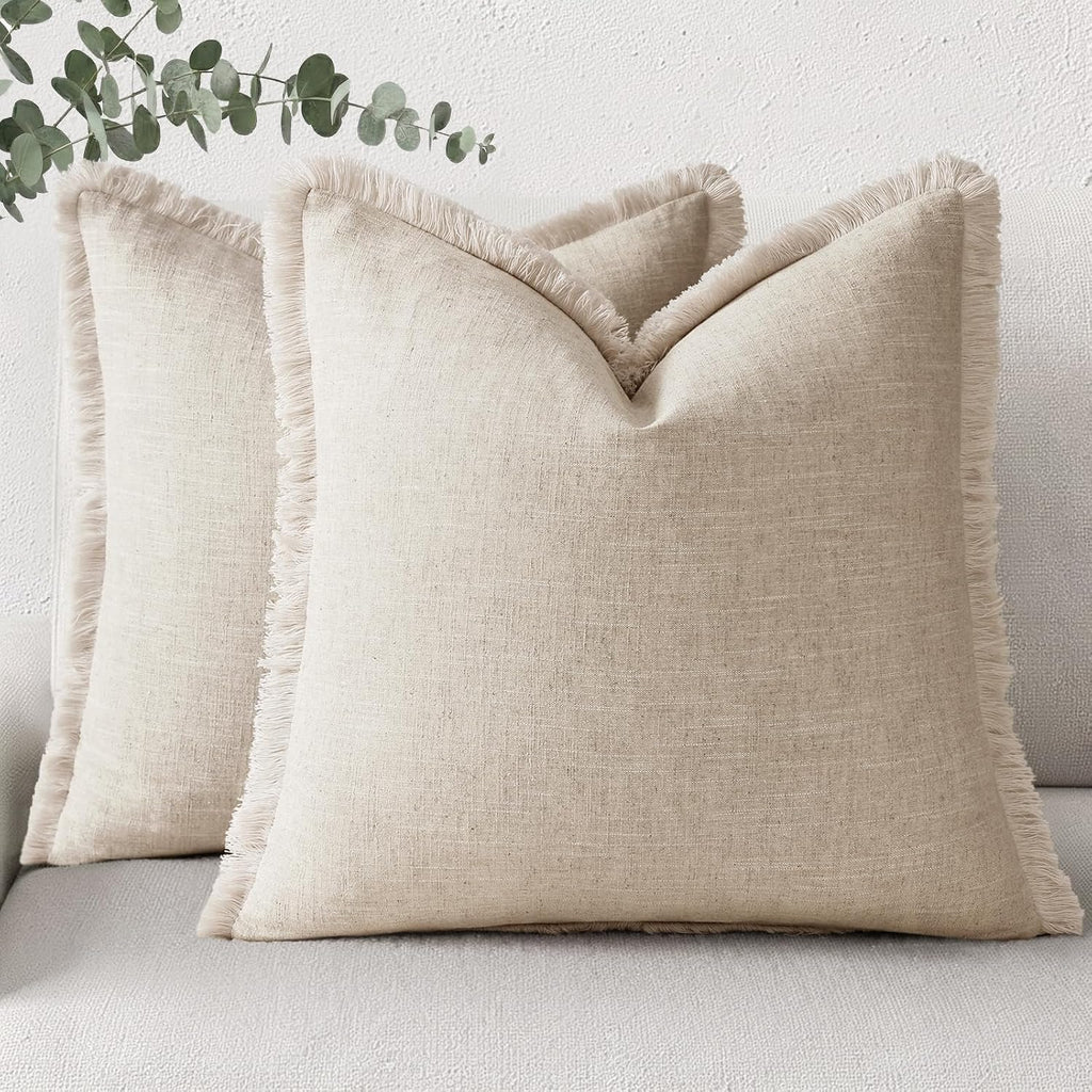 Beige Fringe Linen Pillow Cover Set