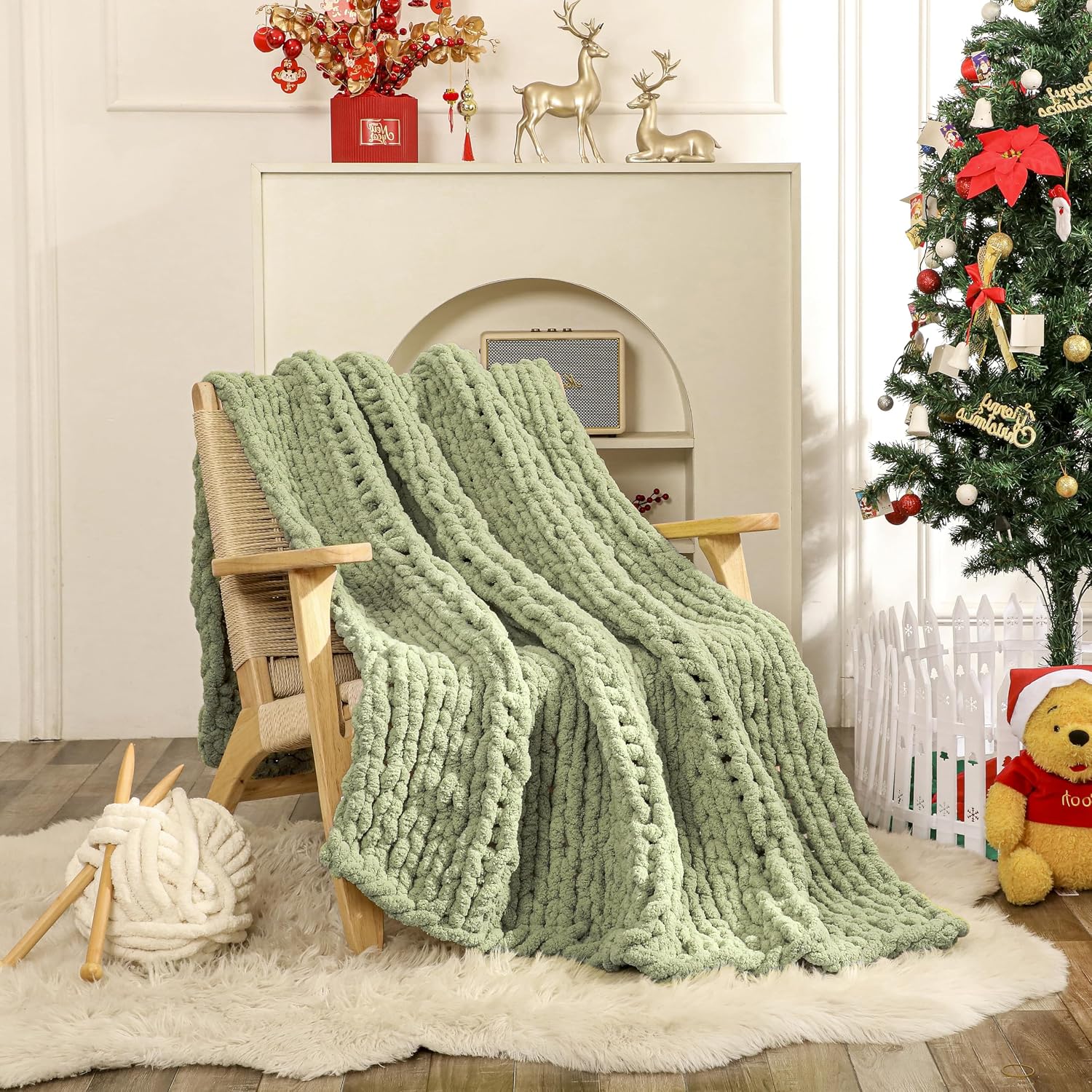 Sage‑Green Chunky Knit Throw Blanket