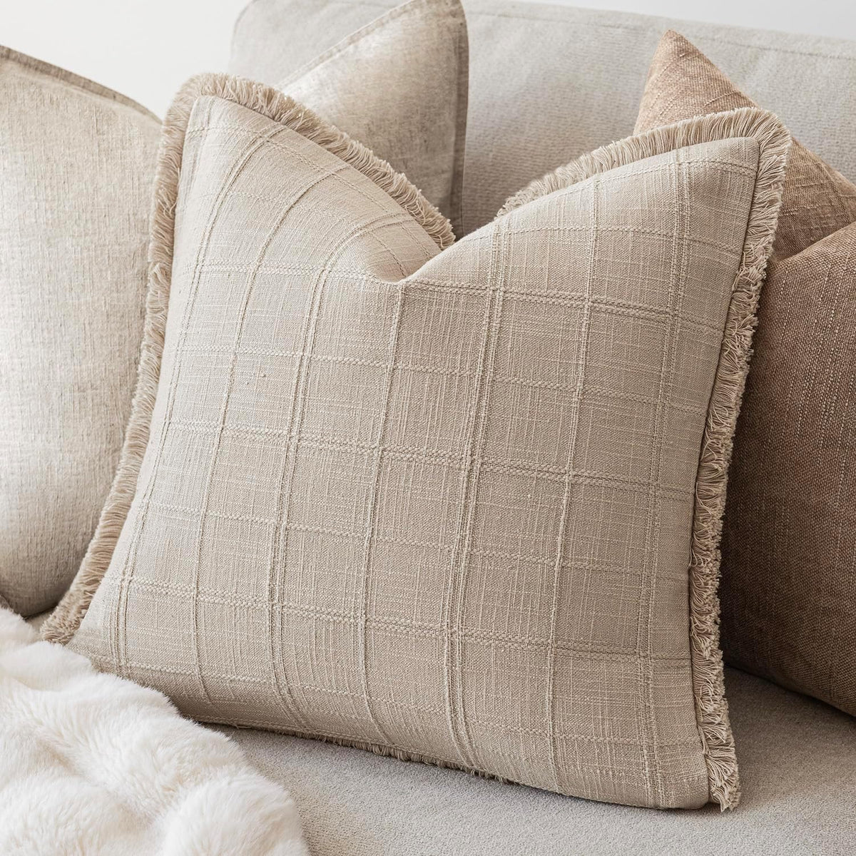 Natural Linen Check Fringe Pillow Cover Set