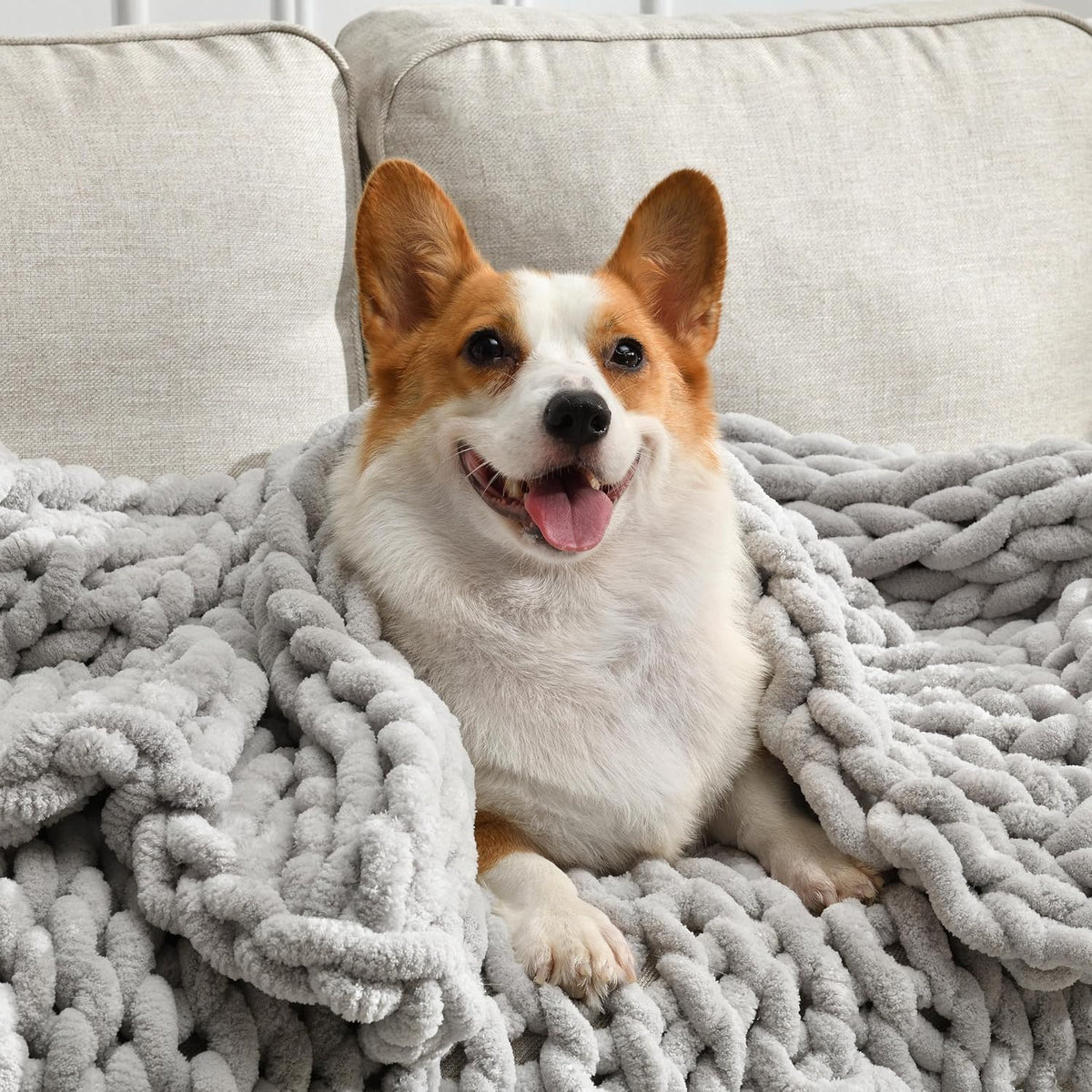 Light Grey Chunky Knit Chenille Throw Blanket